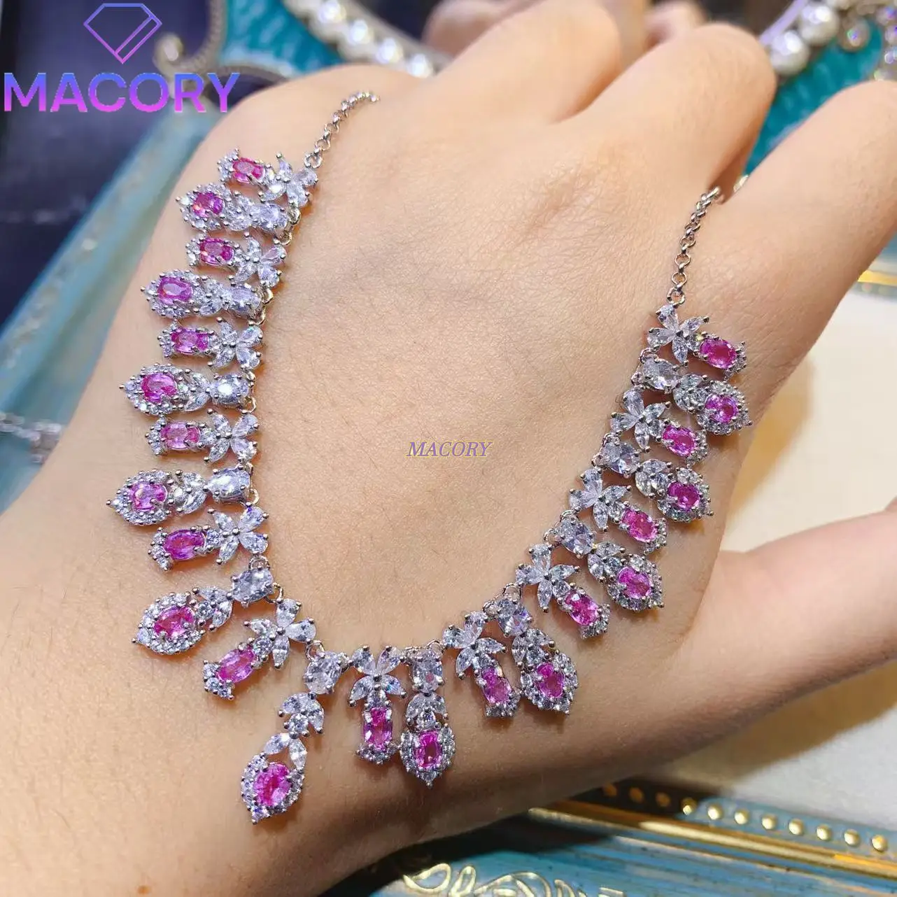 عقد من الياقوت الوردي الطبيعي النقي للنساء، فضة استرلينية عيار 925، وردي فائق مع لون زاهٍ، طراز عصري جديد #3