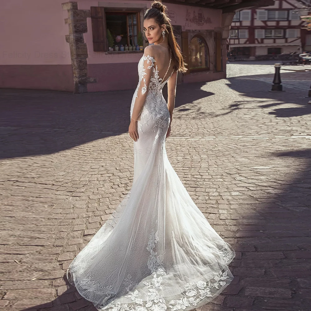 ANGEL Mermaid Lace Wedding Dresses Customized Illusion Back Long Bride Gowns Lace Applique Scoop Tulle Suknia ślubna 2025 civil