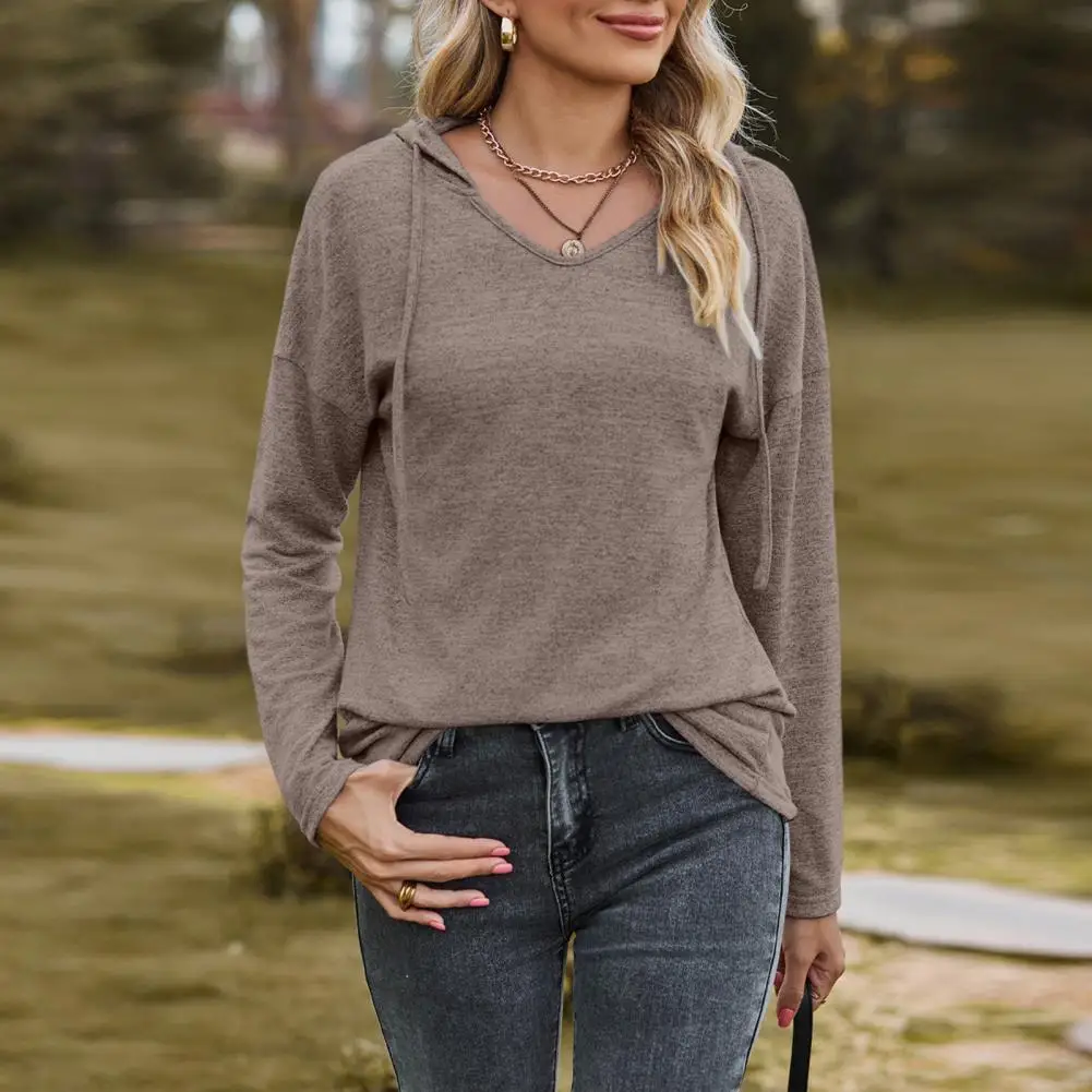 Camiseta elástica y agradable a la piel para mujer, Blusa con Capucha con cordón y cuello en V, suave y transpirable, longitud media