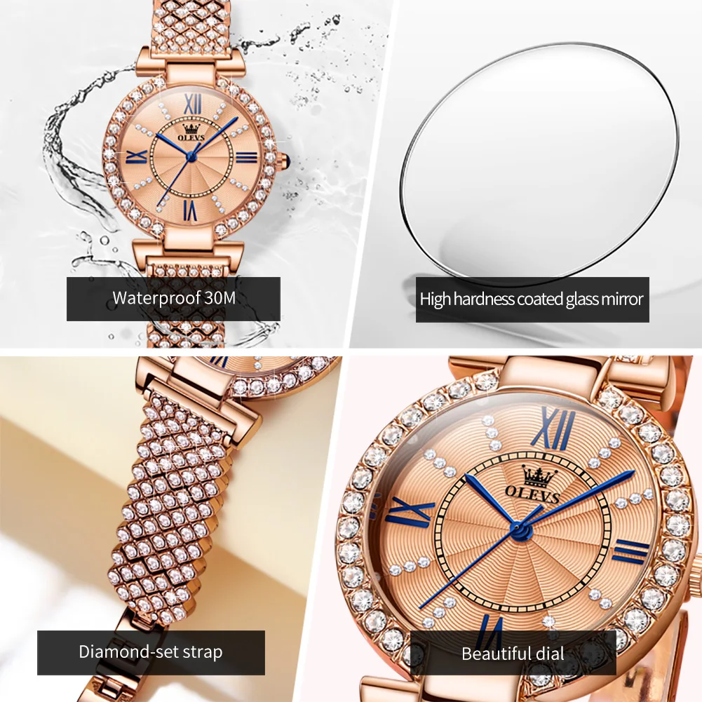 OLEVS Woman Watches Fully Diamond Quartz Watch for Women Elegant Rose Gold Steel Strap Waterproof Ladies Dress Wristwatches 9942 - Image 5