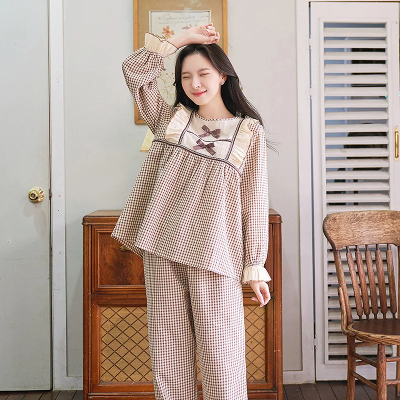 

Spring Summer Women Cotton Grid Pajamas Lady Long Sleeve Homewear Two Piece Set Female Loose Casual Nightwear Sleepwear