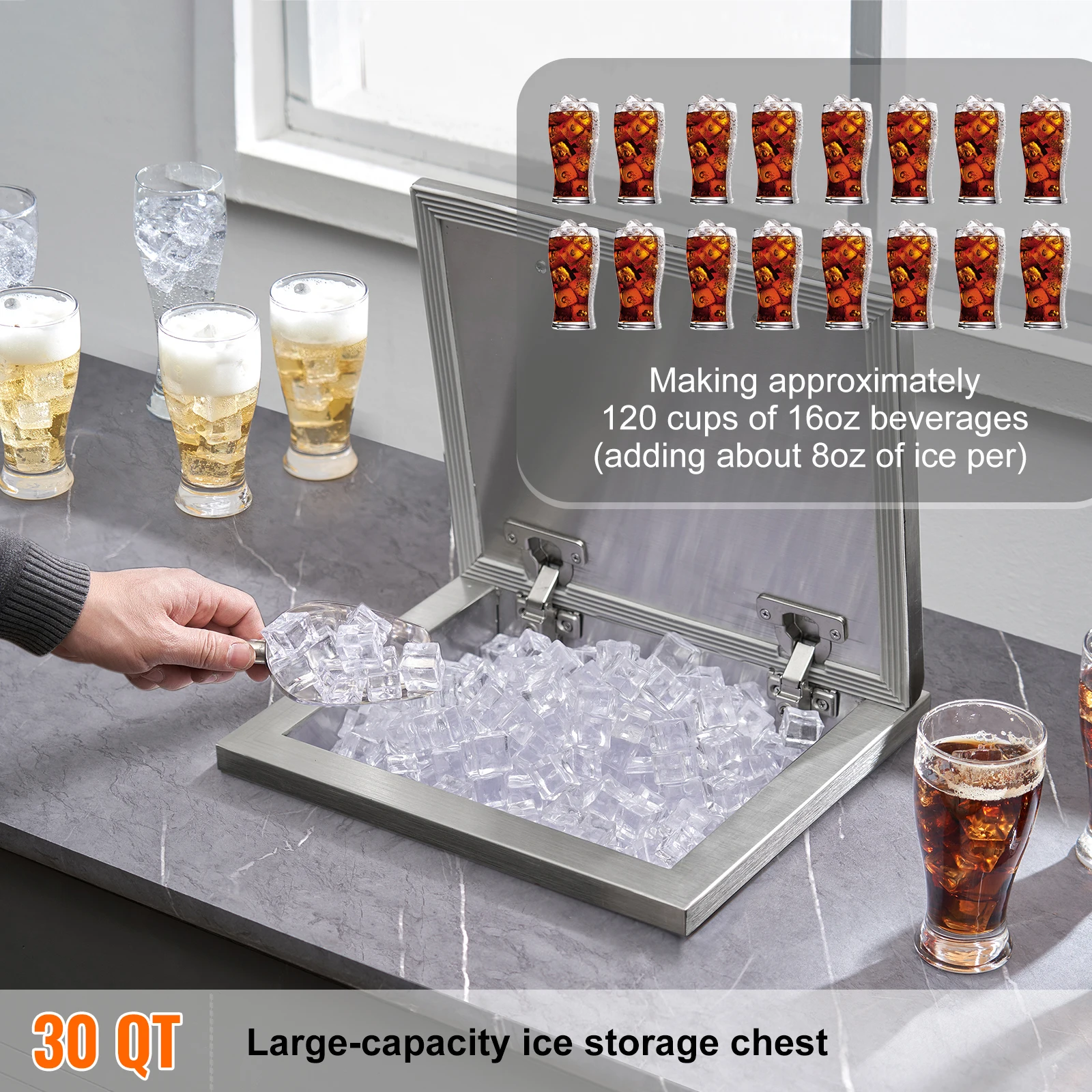 SucceBuy Drop in Ice Chest เครื่องทําน้ําแข็งสแตนเลสถังน้ําแข็งเชิงพาณิชย์พร้อมฝาปิดบานพับบาร์น้ําแข็งในครัวกลางแจ้ง