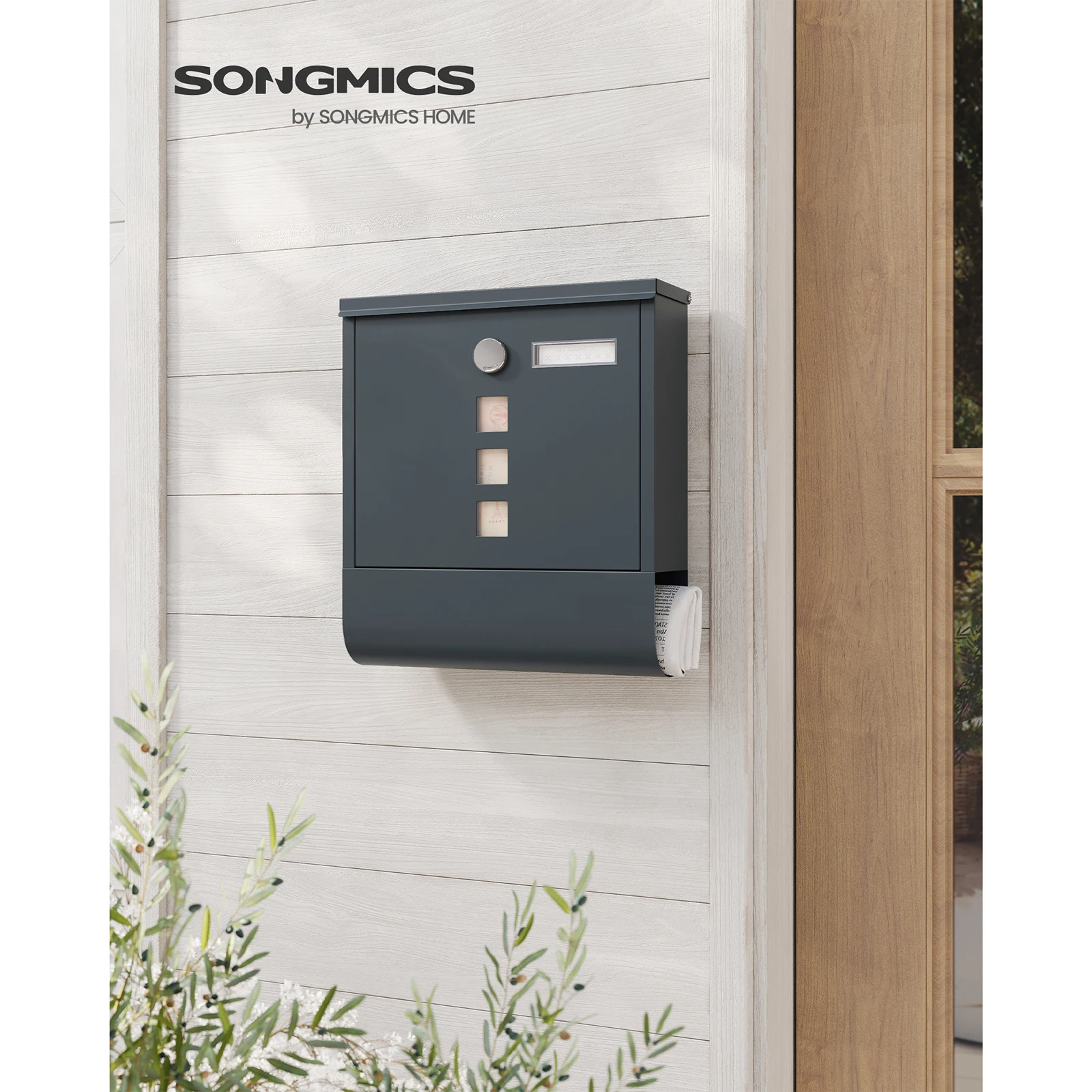 SONGMICS GMB20AG Wall-Mounted Post Box with Lock with Rotating Lid, Viewing Window, Name Holder, Newspaper Compartment