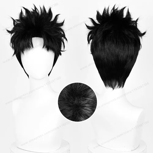 Imagen 1 del producto Okarun-Peluca sintética resistente al calor para Cosplay, pelo corto negro de 28cm de Anime para hombre, pelos de fibra de alta temperatura para Halloween