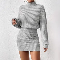 2024Women Autumn Winter Black High Neck Knitted Sweater Dress Female Casual Solid Slim Long Sleeve Warm Mid Length Black Dresses