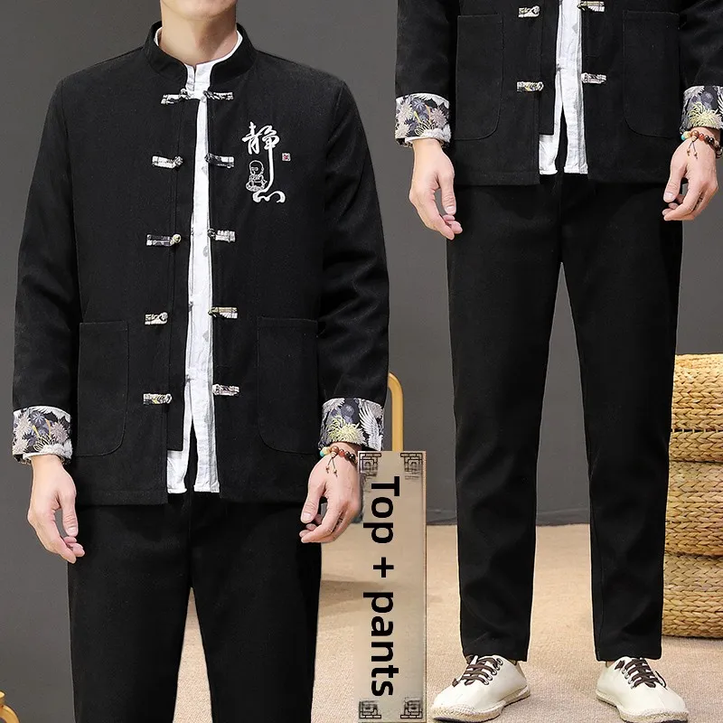 

Осенний китайский облегающий вельветовый комплект из джата и брюк с вышивкой и манжетами на пуговицах, молодежный модный ретро-вигляд