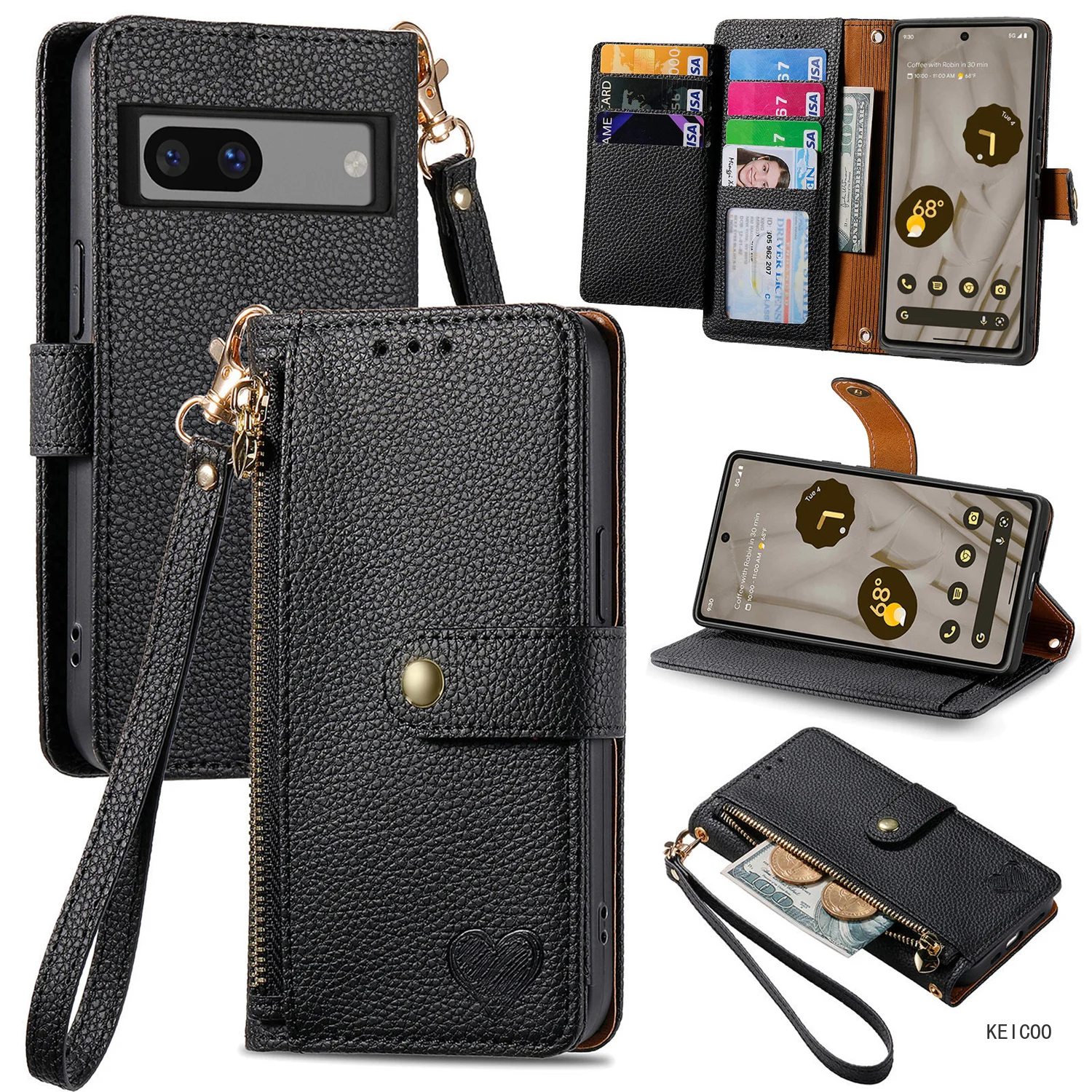 Retro Leather Case for Google Pixel 7A 8 Pixel7A Pixel8 GWKK3 GKWS6 Printed Love Zipper Wallet Phone Housing Business Shell