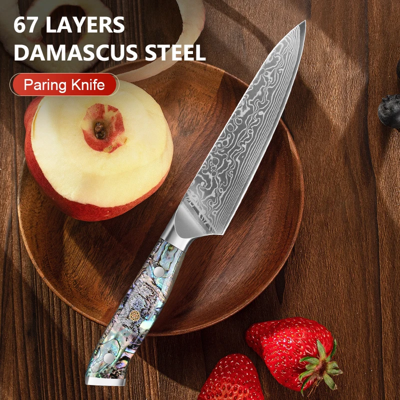 

5-дюймовый универсальный нож из дамасской стали VG10, сверххострое лезвие, многоцелевой, кухонный нож для шеф-повара, фруктов, ручка из ракушки морского ушка