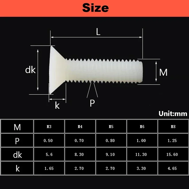 M2-M8 White Nylon Phillips Countersunk Head Screws Plastic Flat Head Bolts Length 4-40mm Insulated Hardware Fasteners