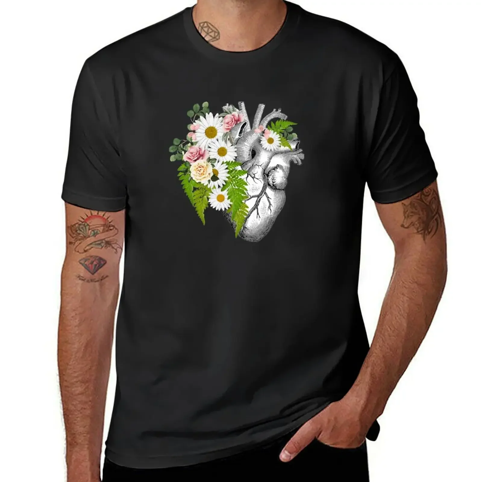 

Roses and daisy Heart Human Anatomy T-Shirt cute tops graphic t shirt vintage t shirt men 100℅ cotton