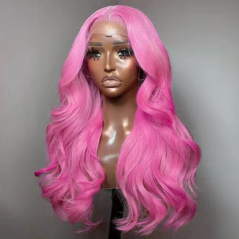 AIMEYA Pink Lace Front Wig for Women Girls Middle Part Long Body Wave Pink Wig Heat Resistant Syntheic Daily Cosplay Party Wig