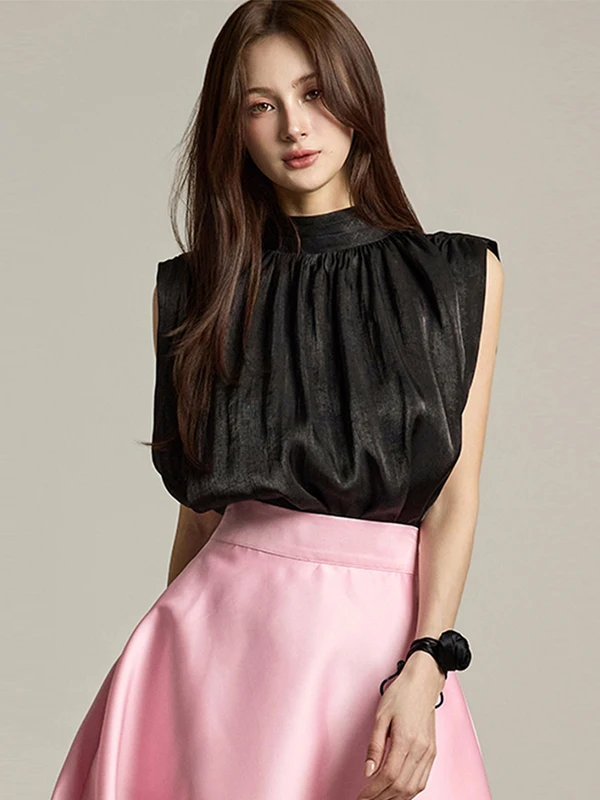 

Spring Summer New Women's Versatile Pleated f High Collar Svel Belted irt Comfortable Breathable Loose Fit Casual ...