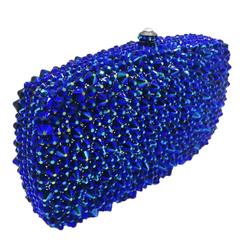 Boutique De FGG Women Blue Crystal Evening Clutch Purse and Handbag with Spikes Wedding Diamond Metal Clutches Minaudiere Bag