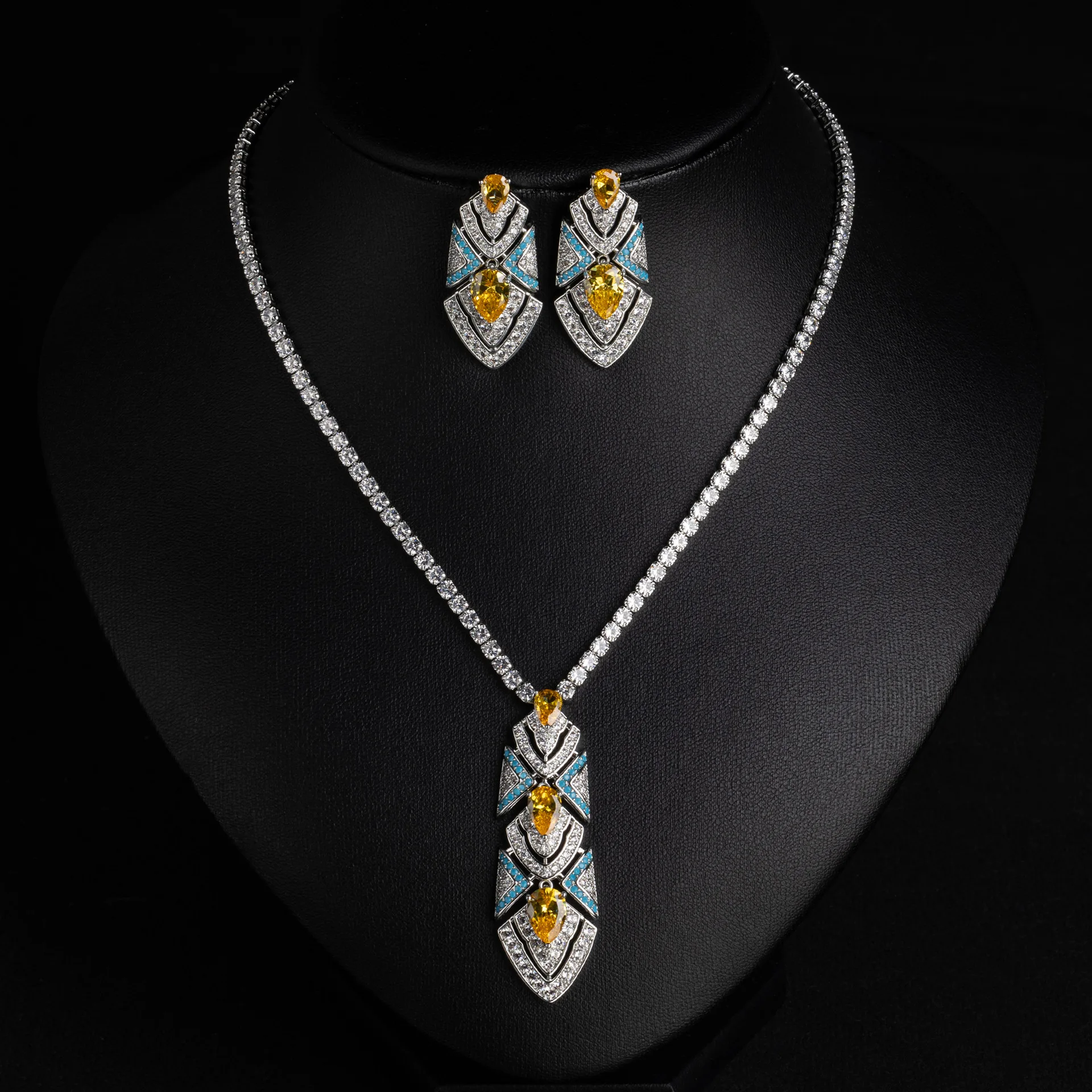 Luxury Sparkling Zircon Water Drop Tassel Full Diamond Necklace Earrings Set, Waterdrop Tassel Choker, Women Wedding Banquet Fas