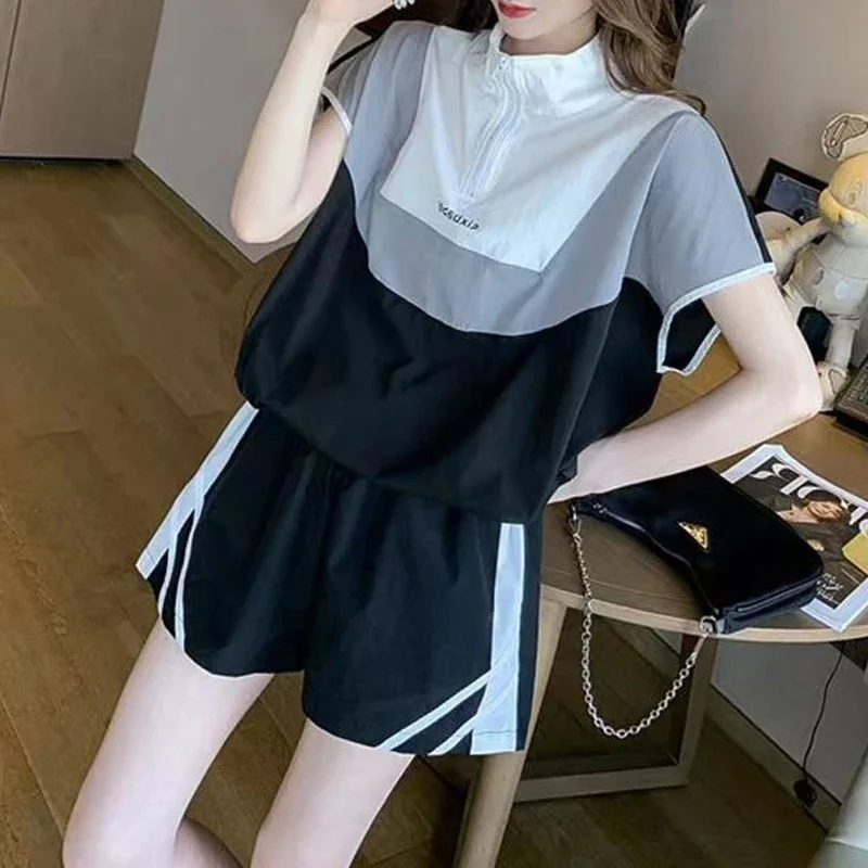 

Two Piece Set for Women Contrast Color Patchwork Half Zipper Pullover Tops Summer Korean Style Sports Joggers Shorts Ropa Mujer