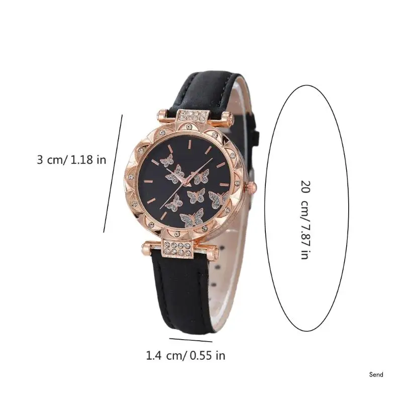 6pcs/set Luxury Watch Women Rings Necklace Earrings Bracelet Set Butterfly Leather Strap Watches Lady Wristwatch No Case