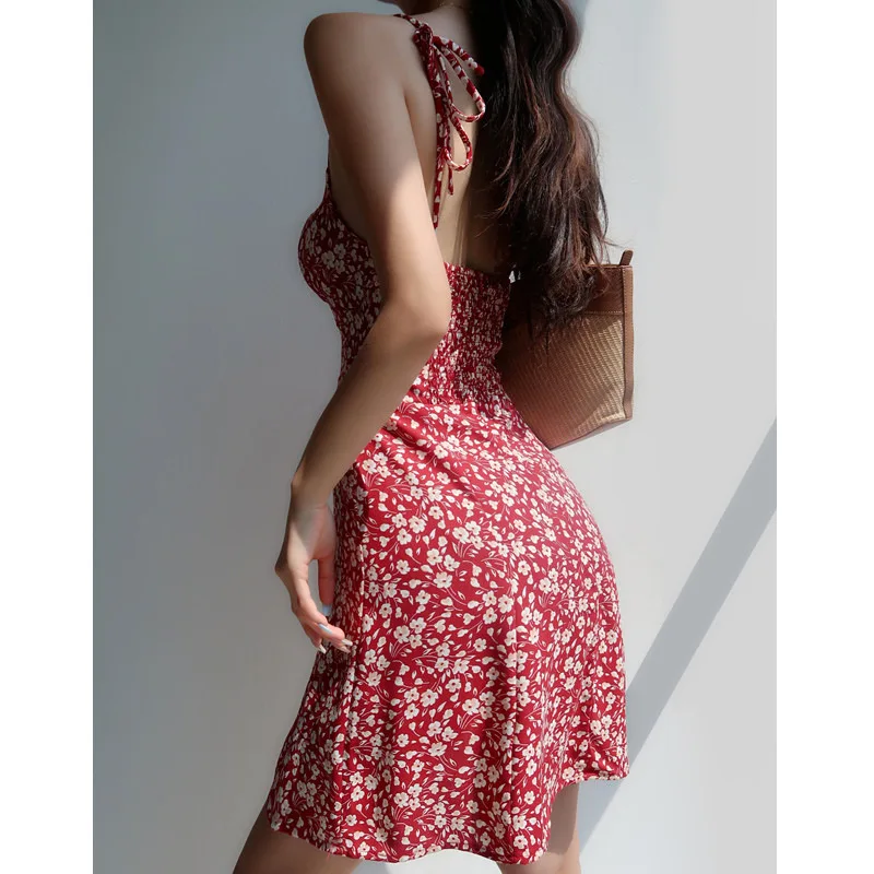 French Retro Girl V-neck Red Floral Suspender Skirt