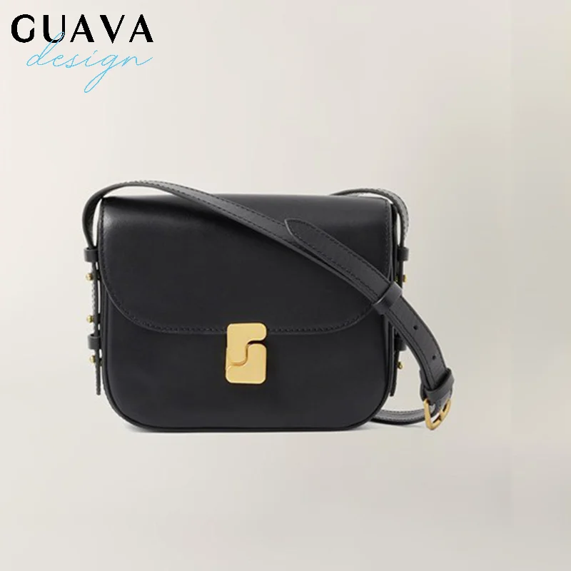 

New Fashion French Top Layer Cowhide Small Square Bag Ladies Temperament Black Classic Small Shoulder Crossbody Bag Ladies Bag