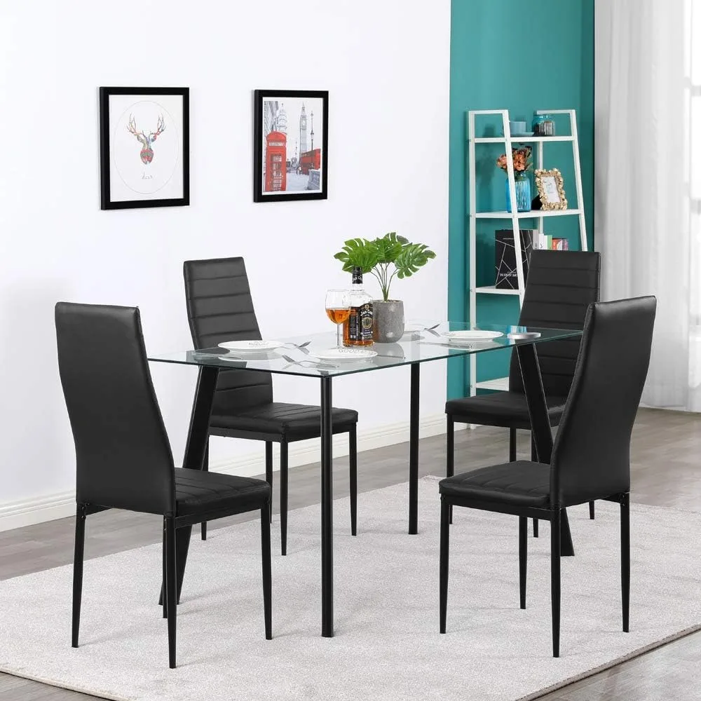 Black Dining Chair Set of 4, Leather Dining Chairs with Curved Back & Foot Cap Protection for Dining Kitchen Living Ro