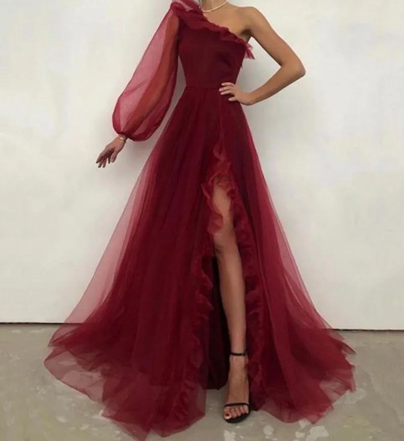 

2022 Burgundy Prom Dresses Long One Shoulder A Line Tulle Ruffles High Split Robe De Mariée Vestidos Women Formal Party Dress