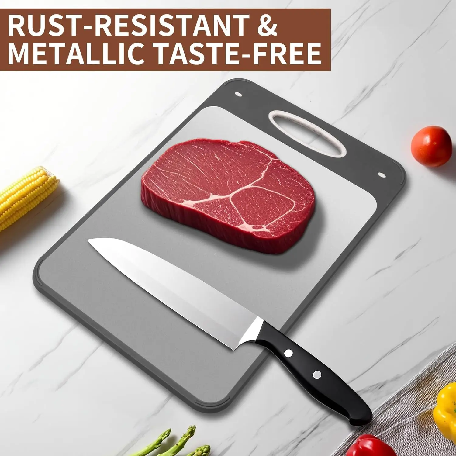 Dual-Sided Titanium Cutting Board: Metal for Meat/Fish & PP for Fruits/Veggies, Dishwasher Safe, Easy Clean