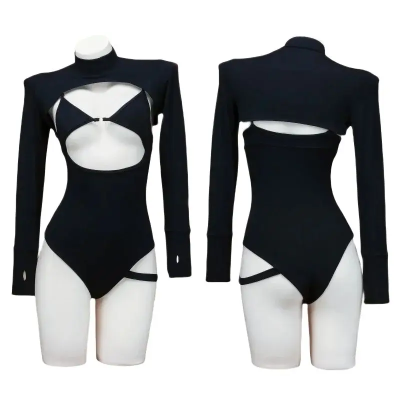 Anime Hollow Long Sleeve Swimsuit Women Black Bodysuit Cosplay Costume Swimwear with Cover-up Girls Slim Fit Underwear Outfit