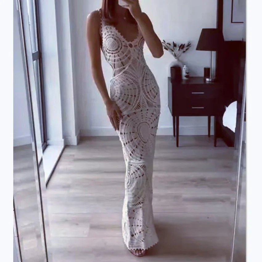 Vestido de playa de punto para mujer, vestido de longitud media ajustado y Sexy con cuello en V hueco, corte bajo, Ins