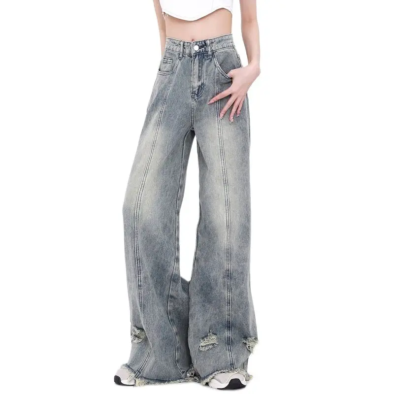 

Vintage Washed Old New Distressed Jeans Women's Summer High Waist Ragged Edge Loose Straight Leg Wide Leg Pants