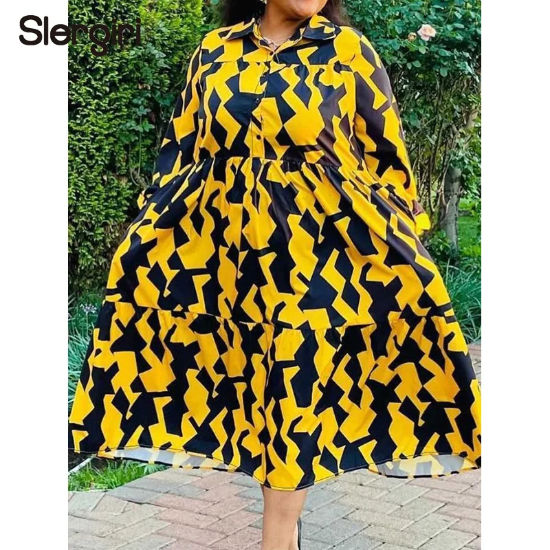 

Slergiri Plus Size Geo Print Ruffle Hem Shirt Dress Women Spring Fall Casual Long Sleeve Fashion Loose Female Long Dresses 2026
