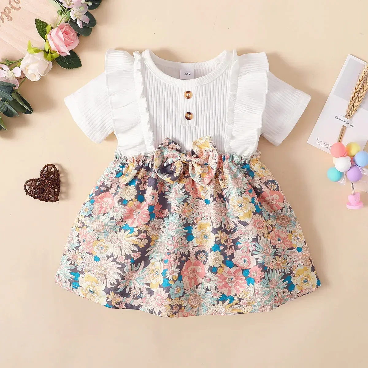 

hibobi One Piece Summer Girls Cotton Cute Short Sleeve Color Block Floral Pattern Bow Ruffle Decorative Dress For Baby Girl