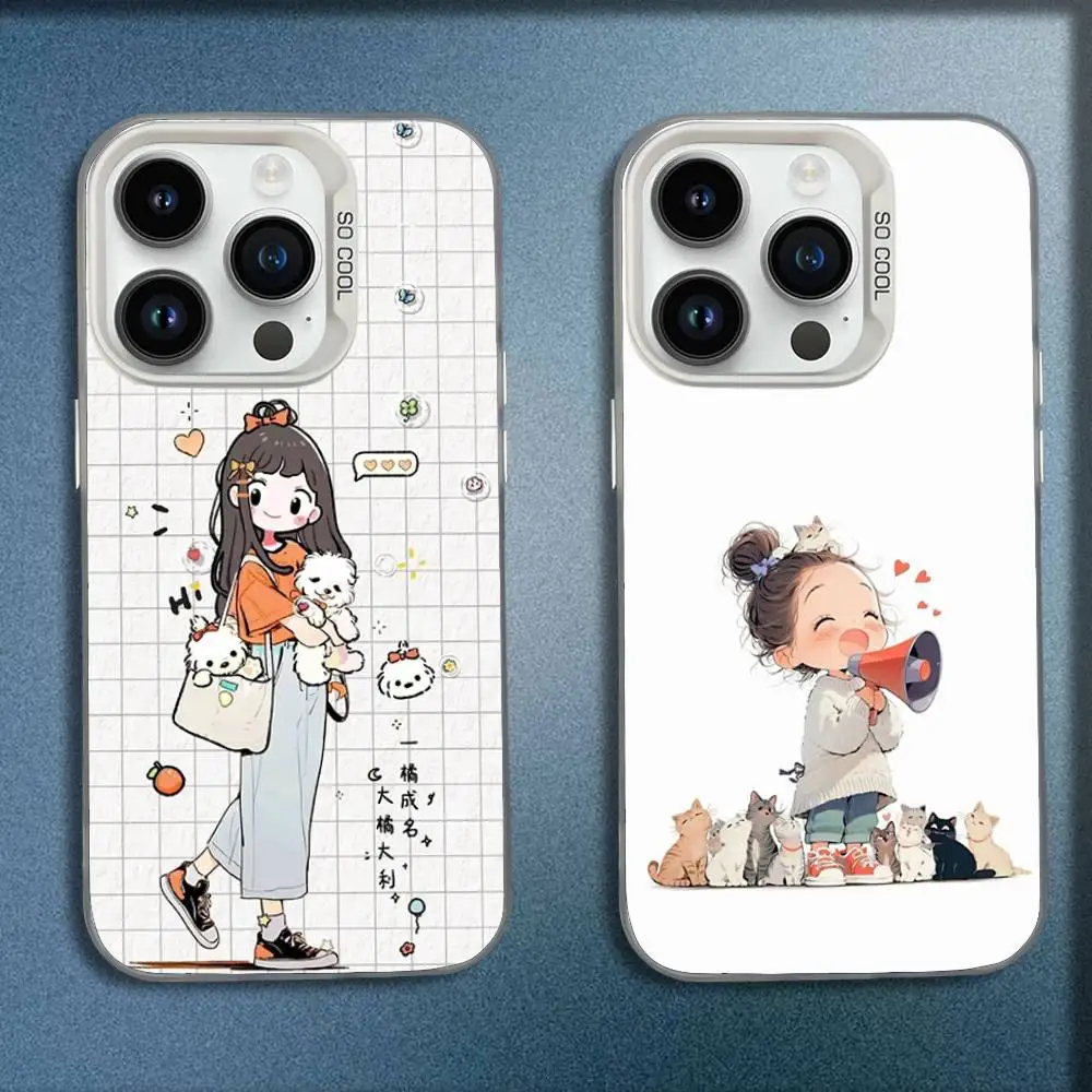 

Cartoon Lovely Girl Dog Cat Phone Case For iPhone 16,15,14,13,12,11,Mini,Pro,E,MAX White Candy Matte Shockproof Cover