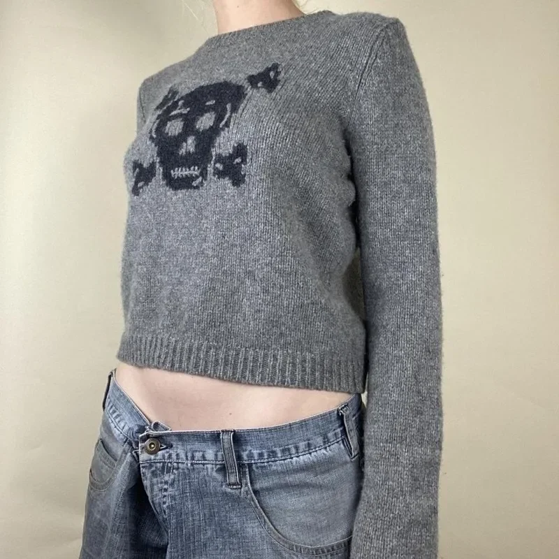 Gothic Sweater Skull Graphic Knitwear Hip Hop Punk Pullover Retro Vintage Long Sleeve Women's Crop Tops Oversize Y2K Clothes 90s