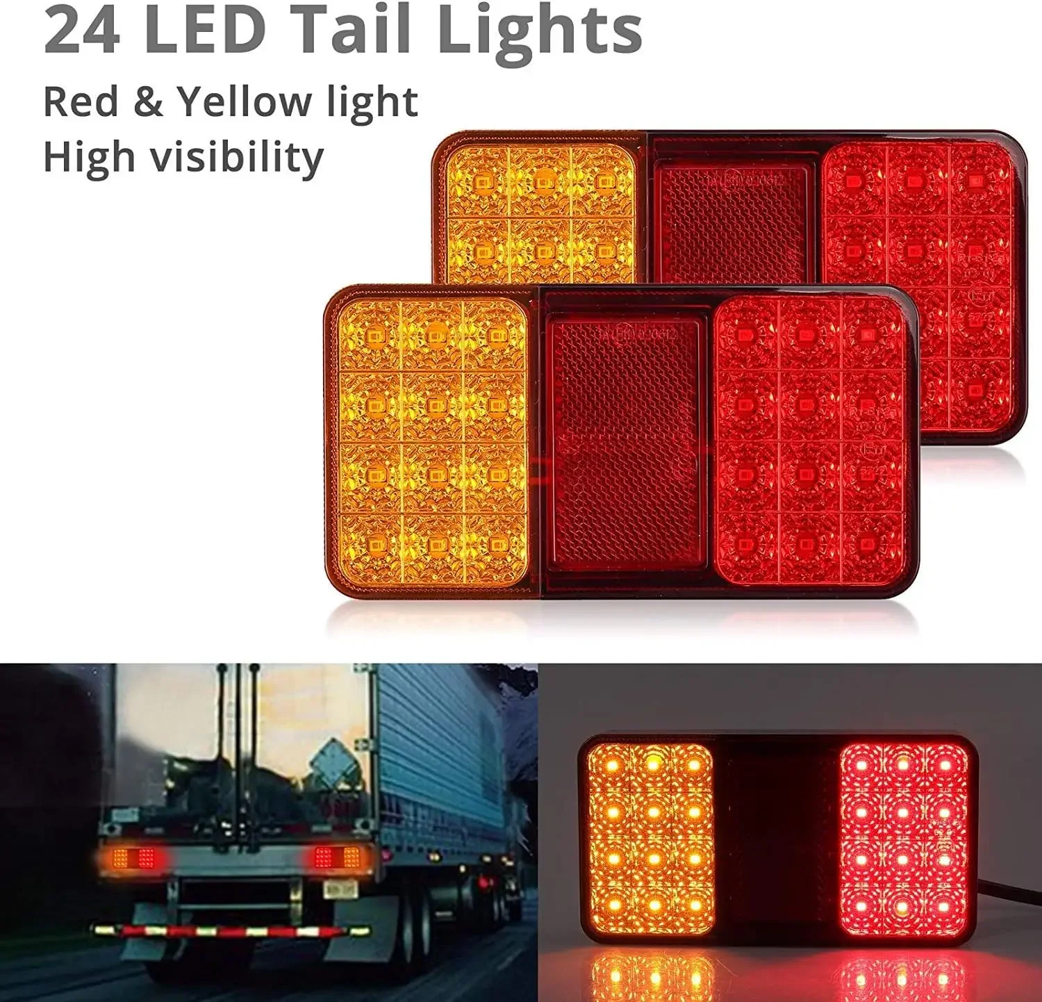 2 PCS 24 LED Trailer Tail Lights 12V Waterproof Stop Turn Tail Lights Red & Yellow for RV Camper Van Lorry Tractor