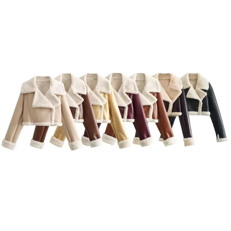 

European and American Women's Clothing Turn-down Collar Shearling Fleece Double-sided Short Jacket Coat