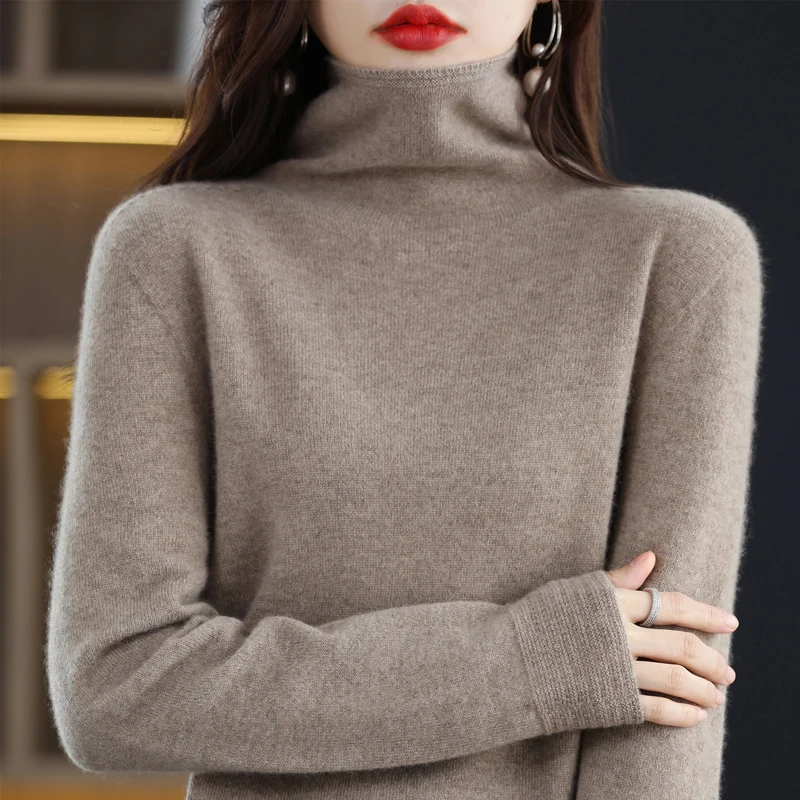 Women's Turtleneck Sweater 100% Merino Wool Pullover Sweater Autumn/Winter Warm Solid Color Sweater Long Sleeve Korean Basic Top