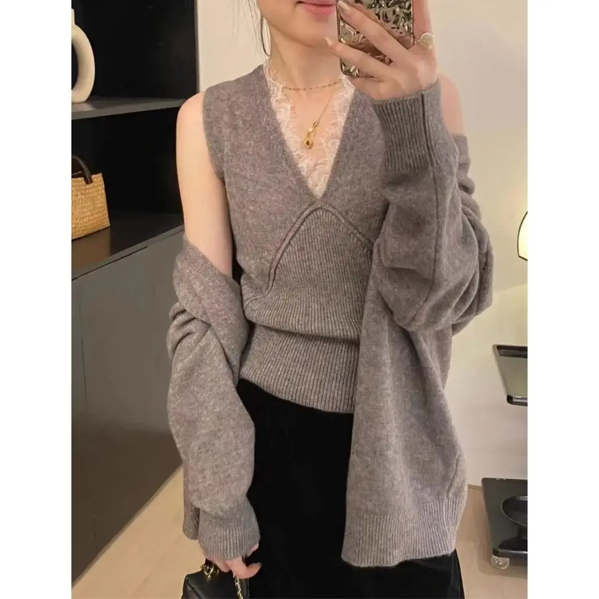 Soft Lazy Style Knitted Cardigan Vest Two-piece Set for Women's Autumn Winter New Solid Color Sweater Jacket Explosive Set