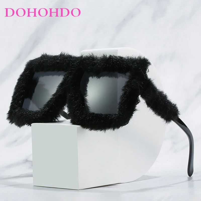 Fashion Tide Plush Cat Eye Sunglasses Cute Fluffy Winter Shades Square Frame Sun Glasses For Party Halloween Party Glasses UV400