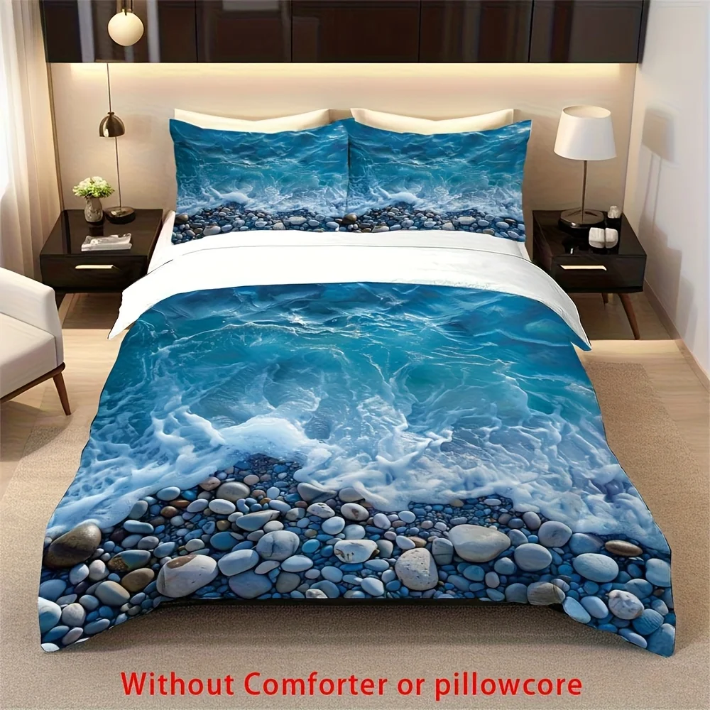 

2/3pcs Blue Ocean Wave Pebbles Pattern Duvet Cover Set 1 Duvet Cover 1/3 Pillowcase, Without Core, Soft Beach Pebble Bedding Set