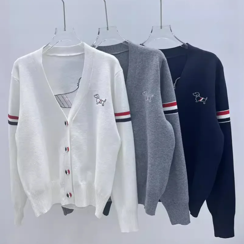 

Knitted cardigan women's autumn and winter women's V-neck embroidered double sleeve long sleeved sweater with colorful stripes