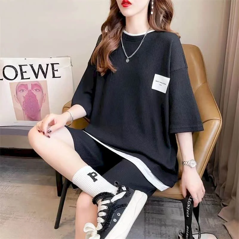 Sporty Shorts Set Half Sleeve T-shirt 2 Piece Sets Women Outfits Summer Sportswear Suits Loose Korean Style Waffle Pants Sets