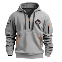 Men's multi pocket half zipper printed hooded sweatshirt, hip-hop street sports casual workwear sweatshirt