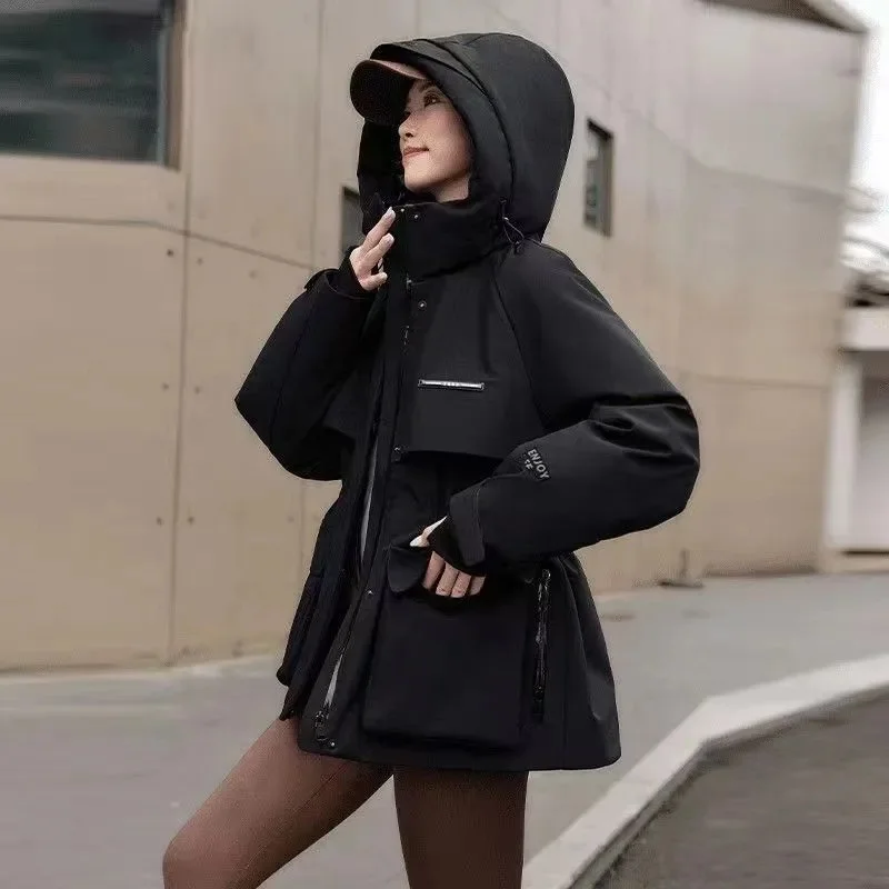 

Down Jackets Women Parkas 2025 Autumn Winter New Hooded Coat Waist Pai Overcome Windbreaker Overcoat Fashion Warm Outwear Ladies