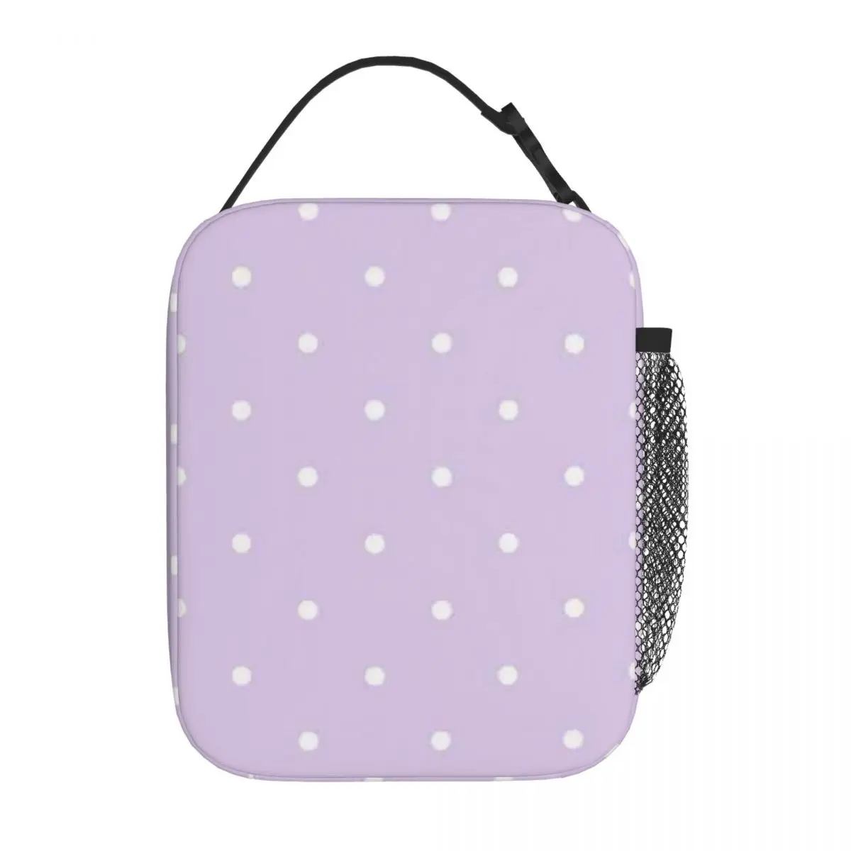 Bestselling Pastel Lilac And White Polka Dot Pattern Neutral Tone Cooler Lunch Bag Car Travel Commuter Lunch Bag view 3