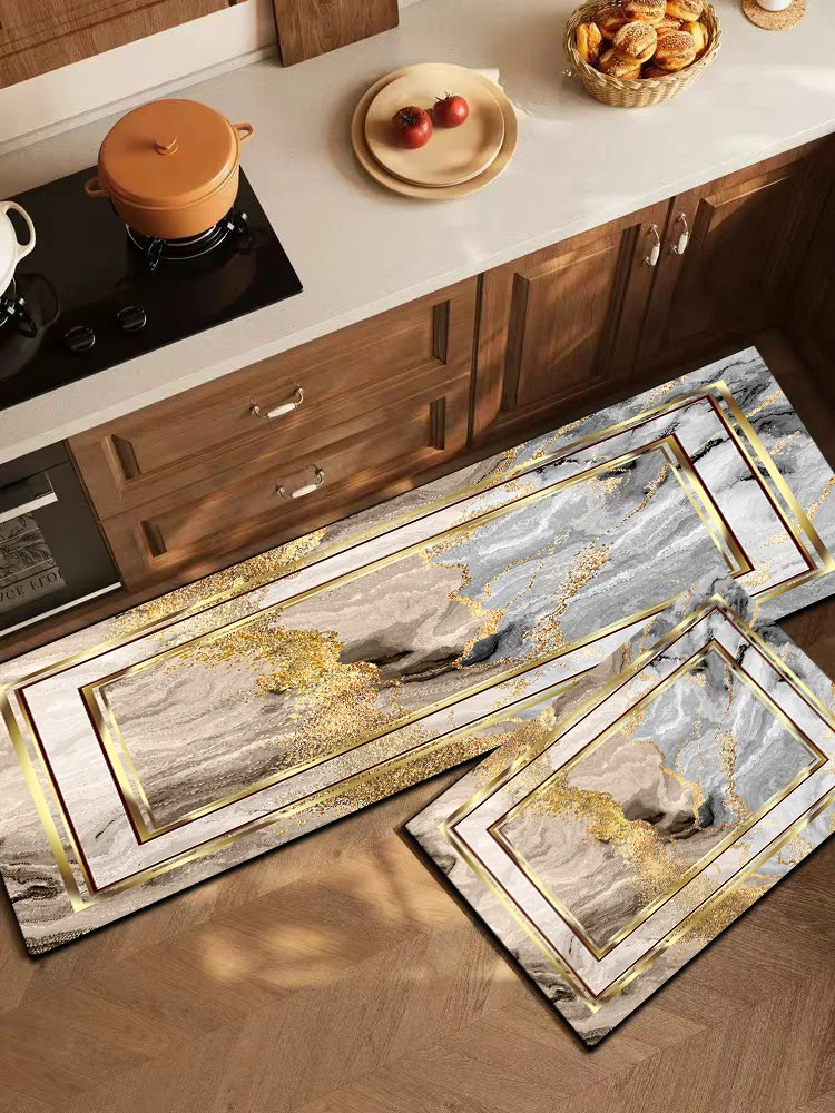 New Luxury Gilded Marble Multi Gold Border Rectangular Kitchen & Bath Mat, Non-Slip, High Water Absorption, Easy to Clean。