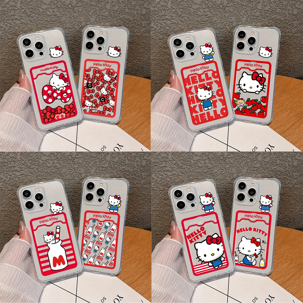 

Cute Cartoon Hello Kitty Card Hold Case For iPhone 15 14 13 12 11 Mini Pro Max X XR XSMax 7 8 Plus Anti-fall Clear Cover Gift