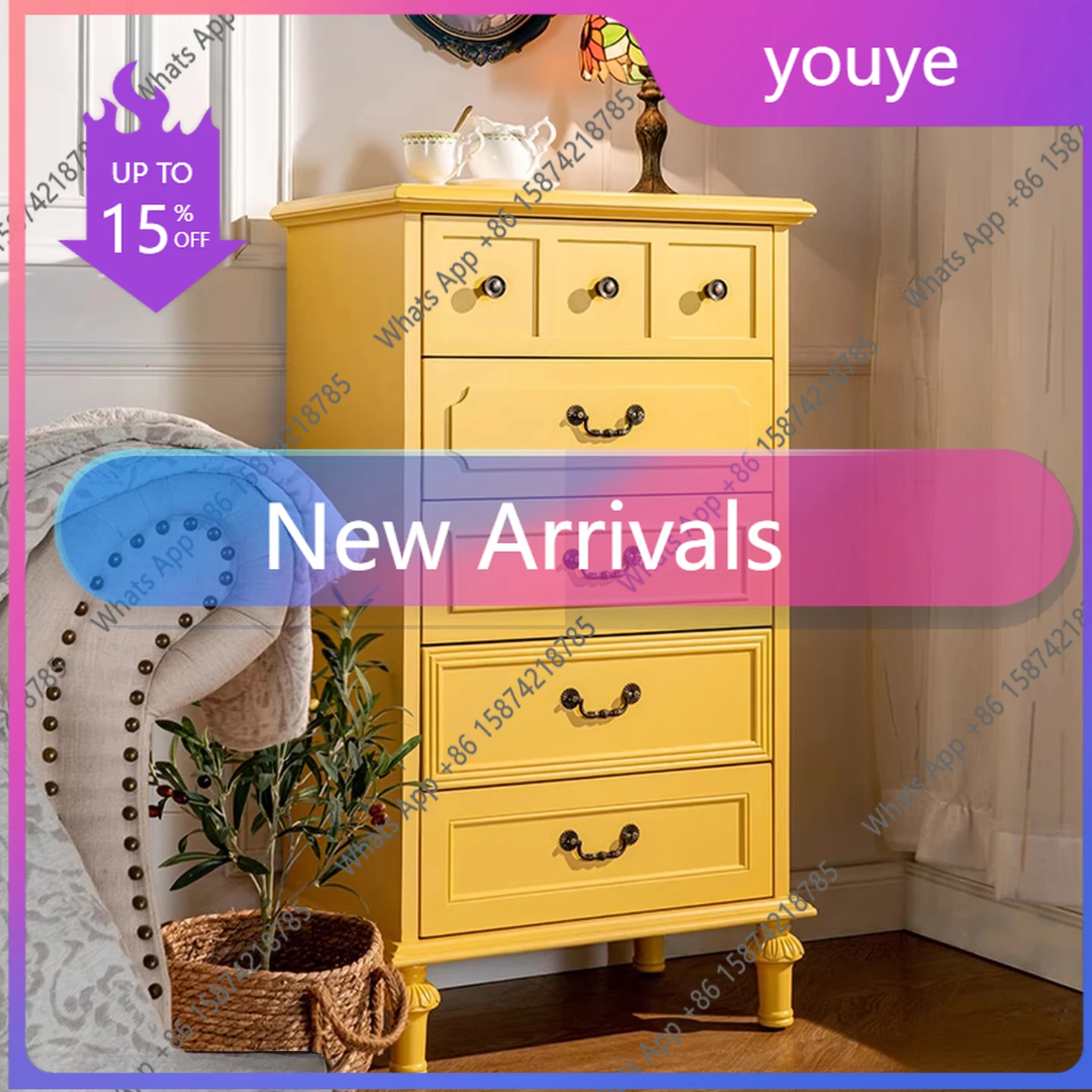 68American Solid Wood Five-bucket Household Nine-drawer Bedroom Floor Drawer Storage Retro Yellow Chest Of Drawers Storage