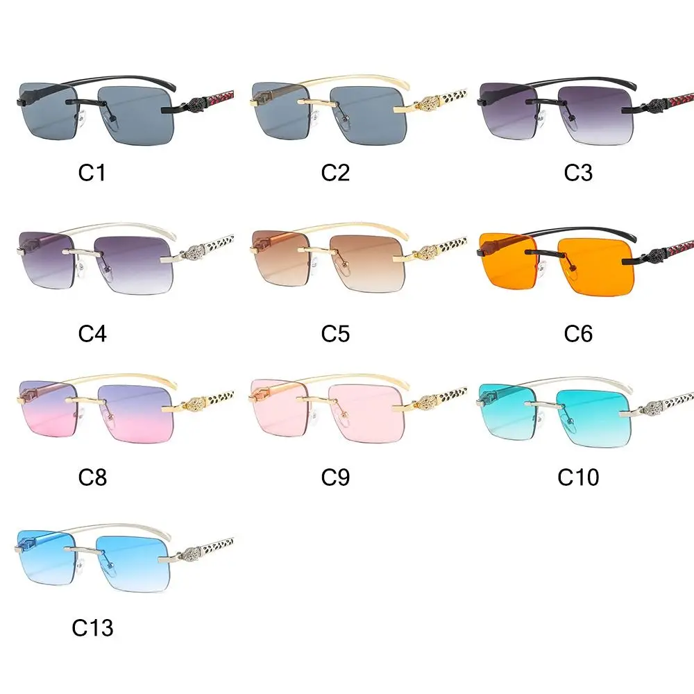 Lunettes de soleil rectangulaires sans monture pour femmes, lunettes de soleil décorées tête de léopard, protection UV dégradée, nuances de lentilles transparentes
