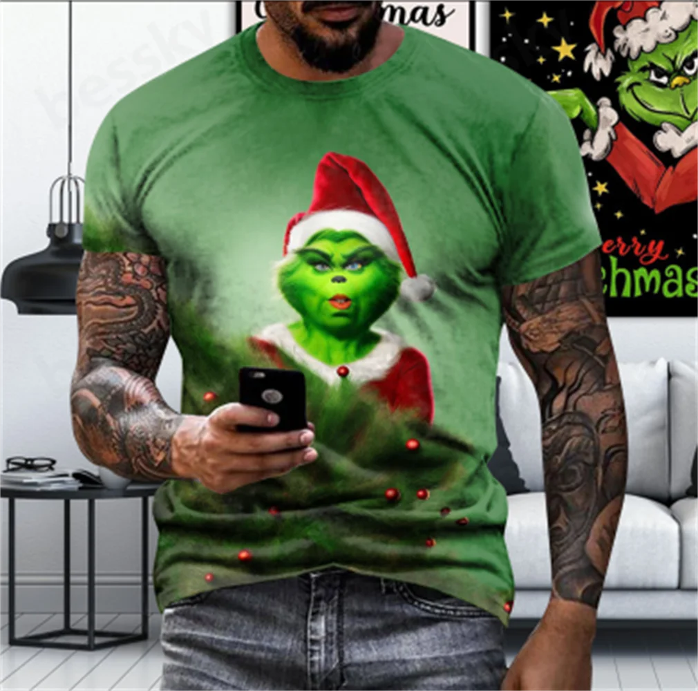 

Men's Christmas Digital 3D Print round Neck Short Sleeve Pullover T-Shirt Festive Short Sleeve Shirt for Men