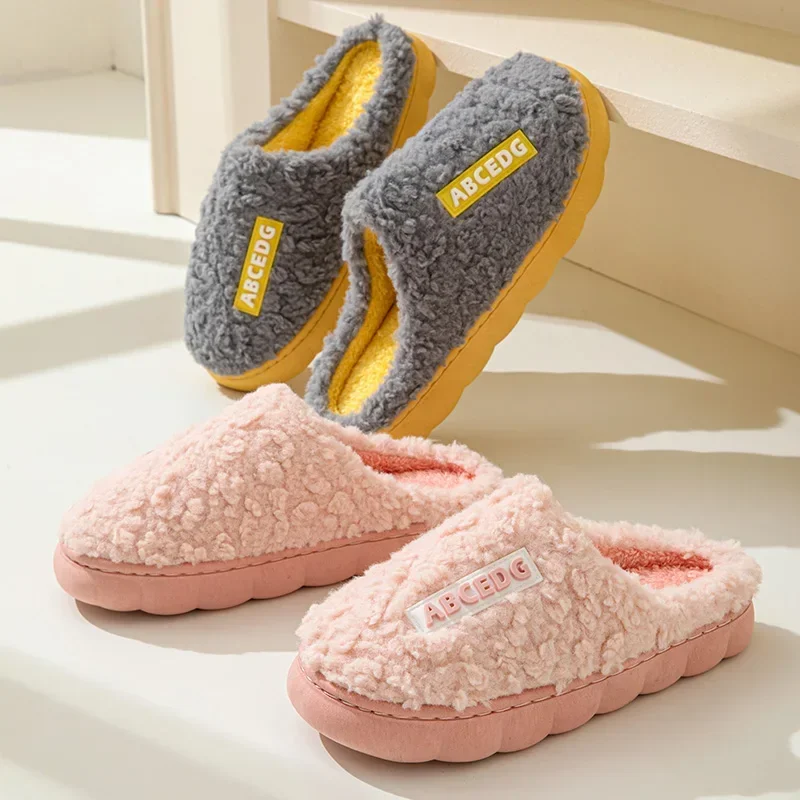 Autumn Winter Plush Warm Women Cotton Slippers Indoor Home Casual Toe Wrap Fluffy Slides Men Anti Slip Thick Platform Soft Shoes