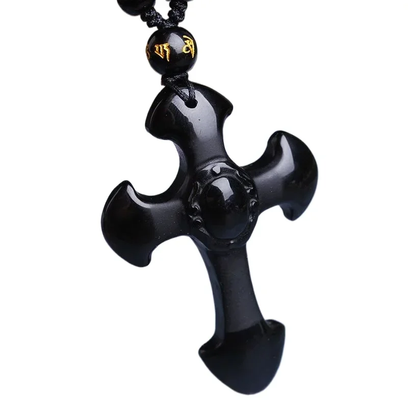New Obsidian Necklace Cross Pendant Men's and Women's Pendant Sweater Chain